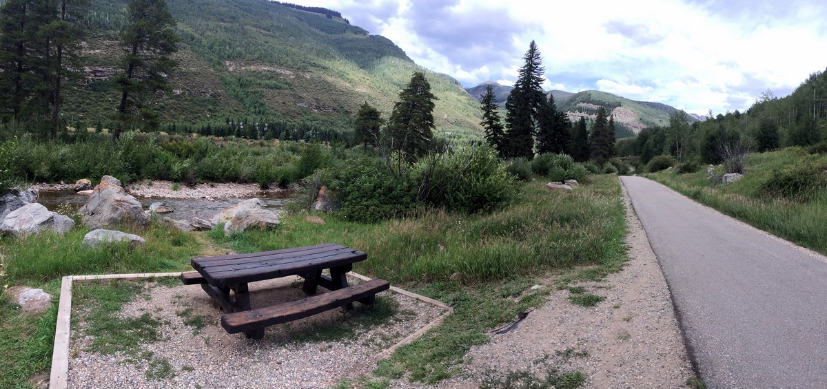 Picnic table on the Gore Valley Trail (East Vail) Hike near Vail, Colorado