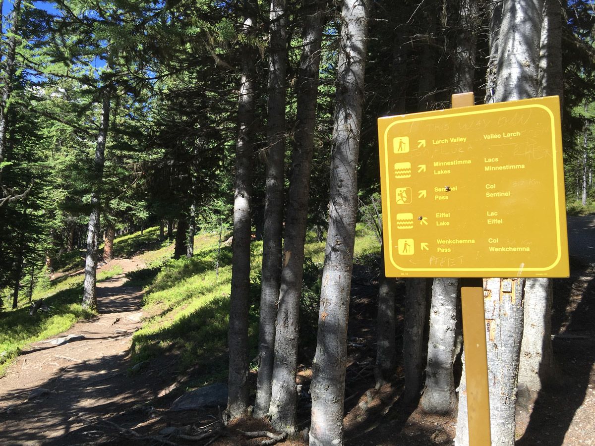 Sign on the Eiffel Lake and Wenkchemna Pass Hike near Lake Louise, Banff National Park, Alberta