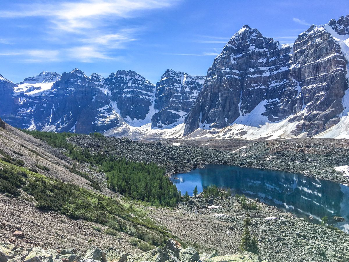 Lake and mountains around the Eiffel Lake and Wenkchemna Pass Hike near Lake Louise, Banff National Park, Alberta