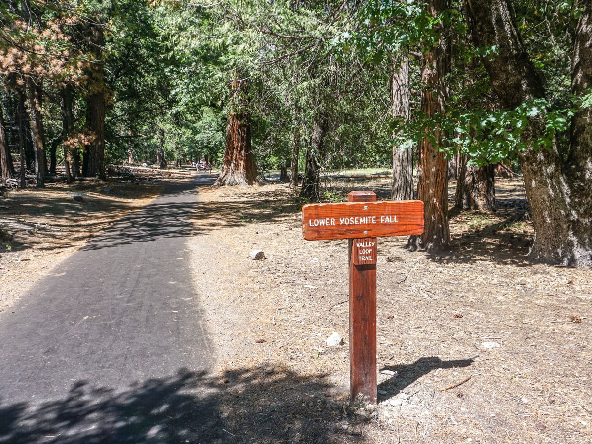 Wooden sign of the Lower Yosemite Fall on the Yosemite Falls Hike in Yosemite National Park, California