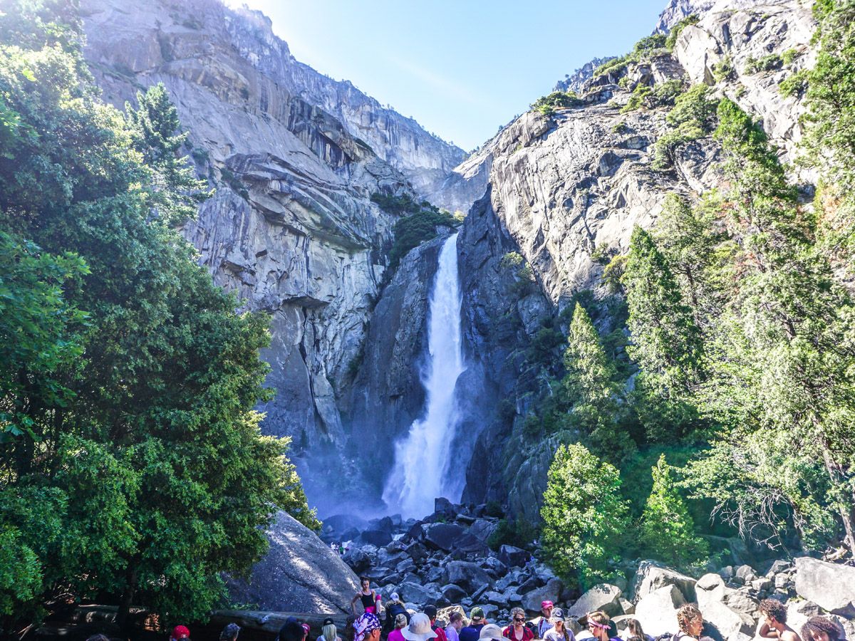 People posing on the Yosemite Falls Hike in Yosemite National Park, California