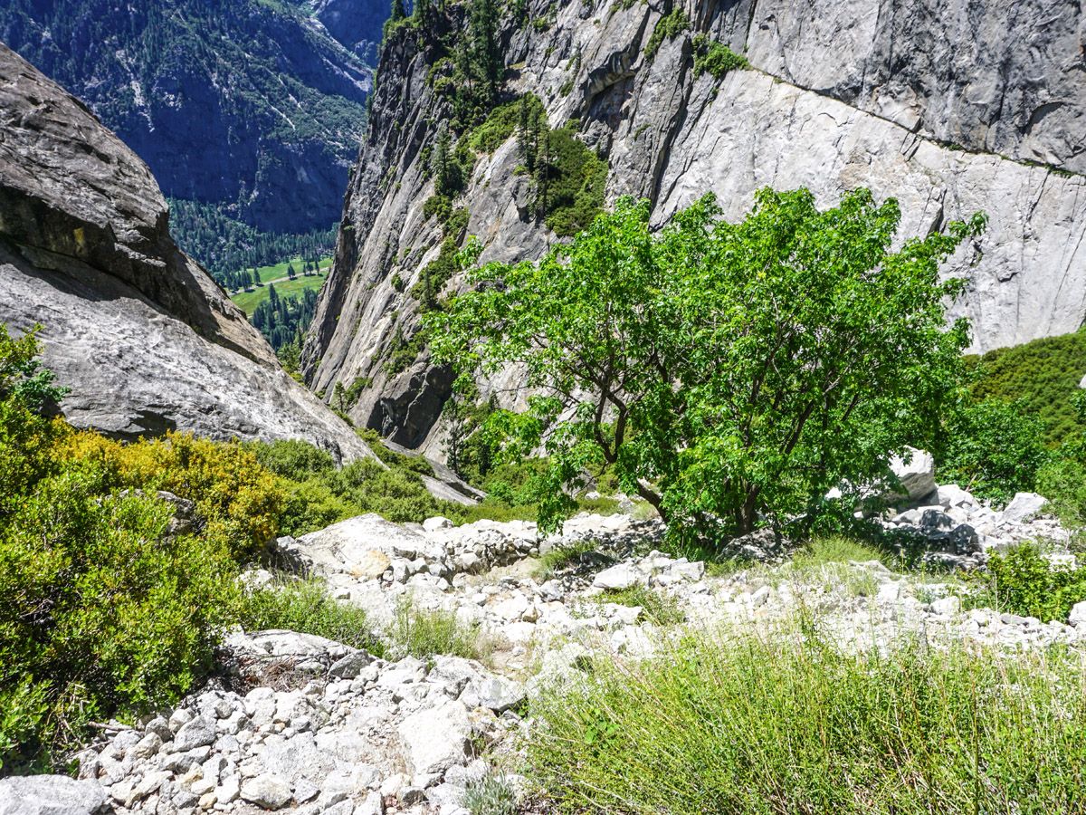 Looking down the mountain on the Yosemite Falls Hike in Yosemite National Park, California