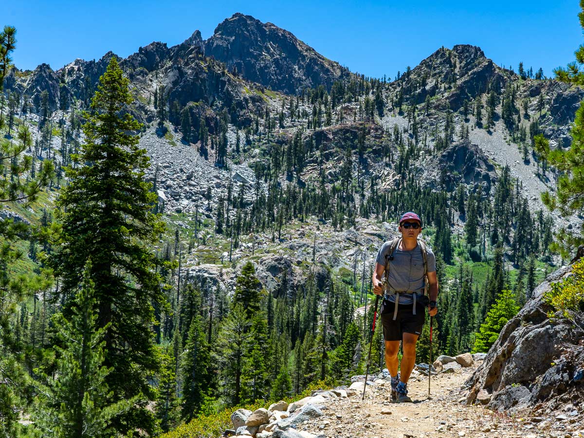 Hiking with the mountain in the background on the Pacific Crest Trail