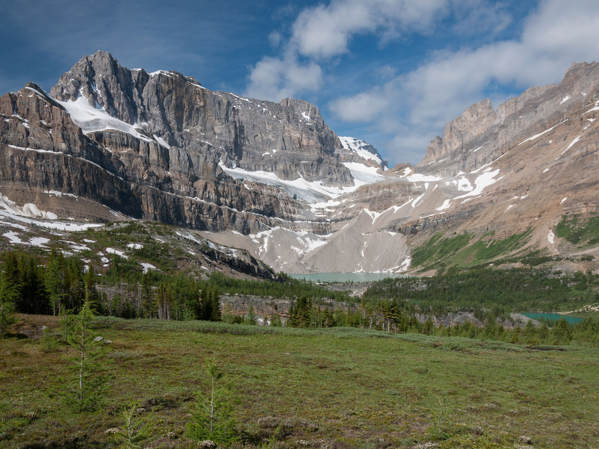 Zigadenus (upper) and Myosotis (lower) lakes on Baker Lake and the Skoki Region backpacking trail in Banff National Park