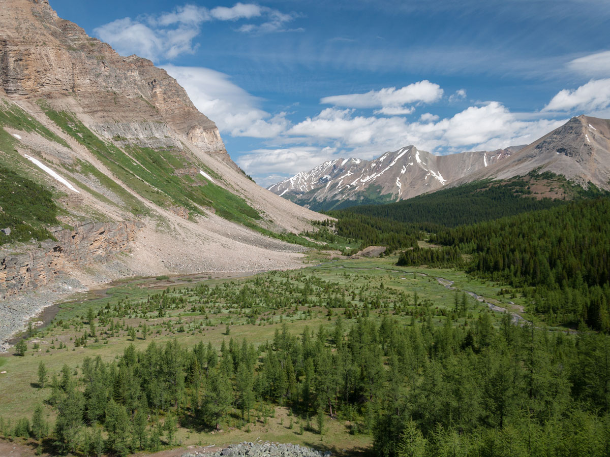 Skoki Mountain views from Baker Lake and the Skoki Region backpacking trail in Banff National Park