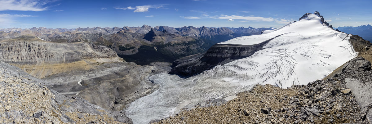 Panorama southeast from the summit on Little Hector scramble in Banff National Park