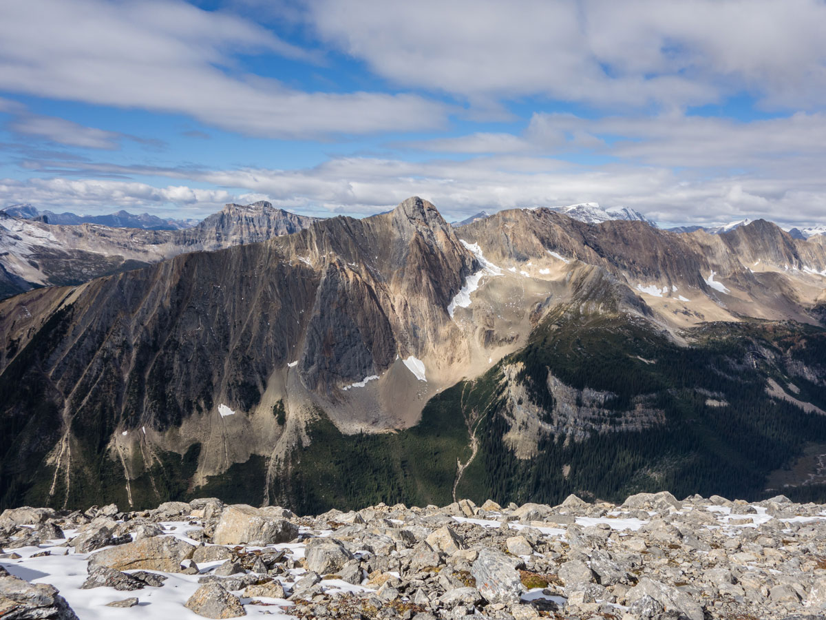 Mt Ogden above the hidden Sherbrooke Lake on Paget Peak scramble in Banff National Park