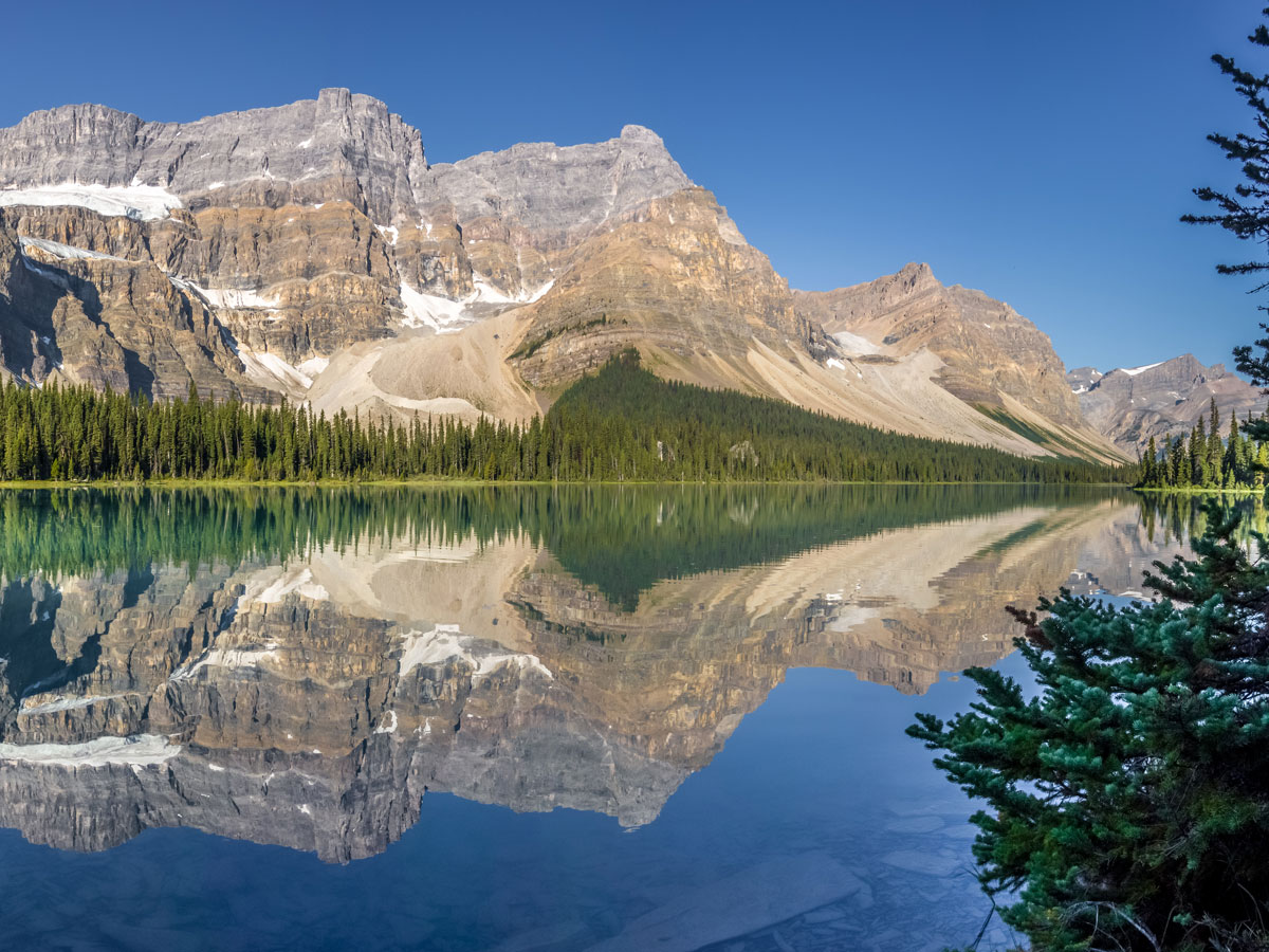 Reflections on Bow Lake on Bow Peak scramble in Banff National Park
