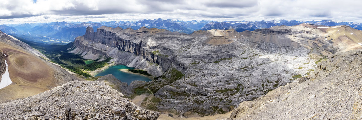 View down on Rockbound Lake and Castle Mountain from Helena Ridge scramble in Banff National Park
