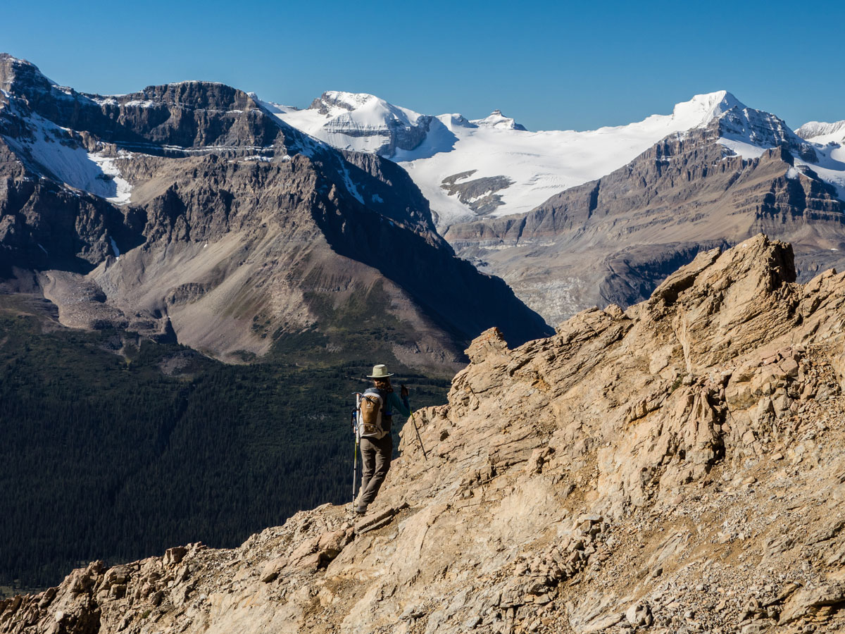 Difficult part of the rock bands on Observation Peak scramble in Banff National Park