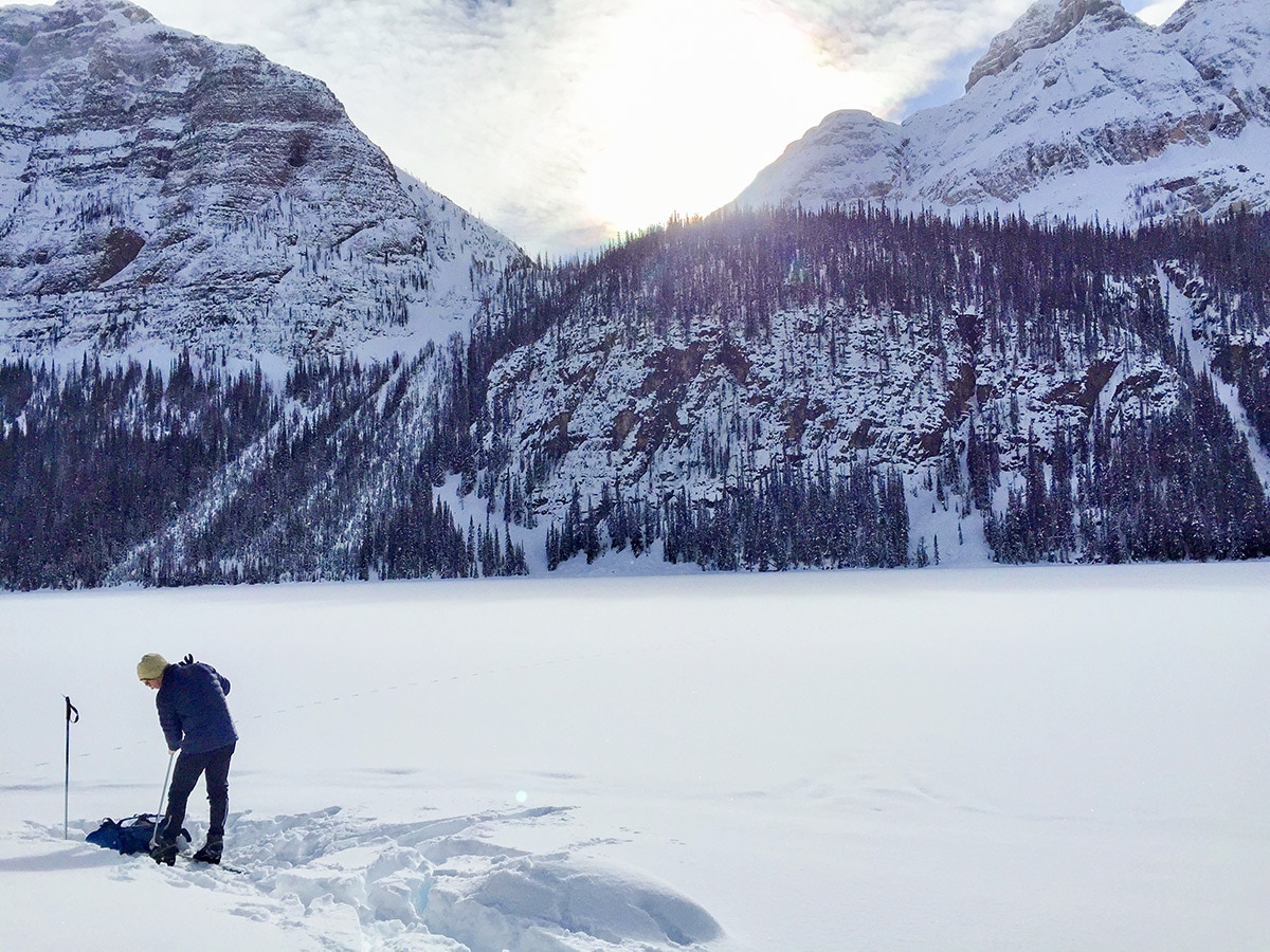 Beginning of Boom Lake snowshoe trail in Banff National Park