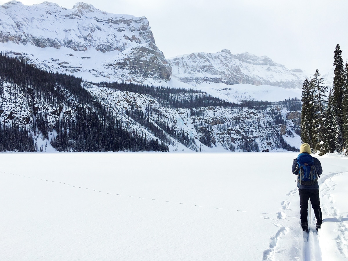 Ski on Boom Lake snowshoe trail in Banff National Park