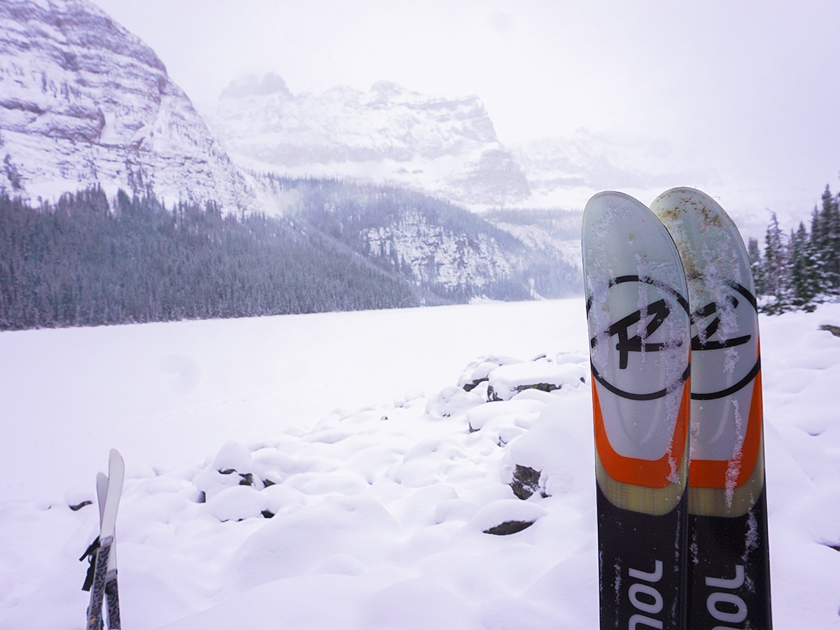 Lots of snow around Boom Lake snowshoe trail in Banff National Park