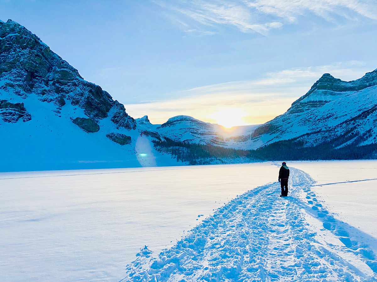 Path on Bow Lake snowshoe trail in Banff National Park