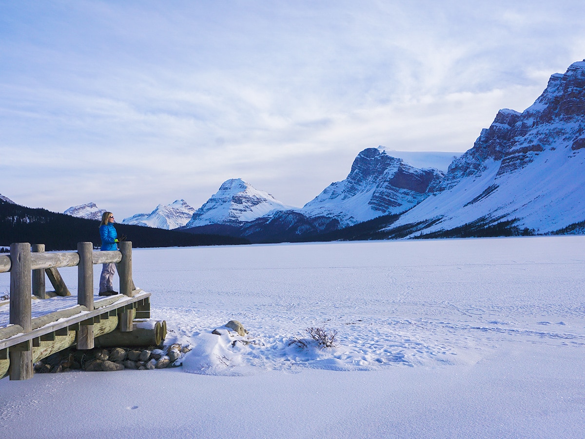 Stunning views from Bow Lake snowshoe trail in Banff National Park