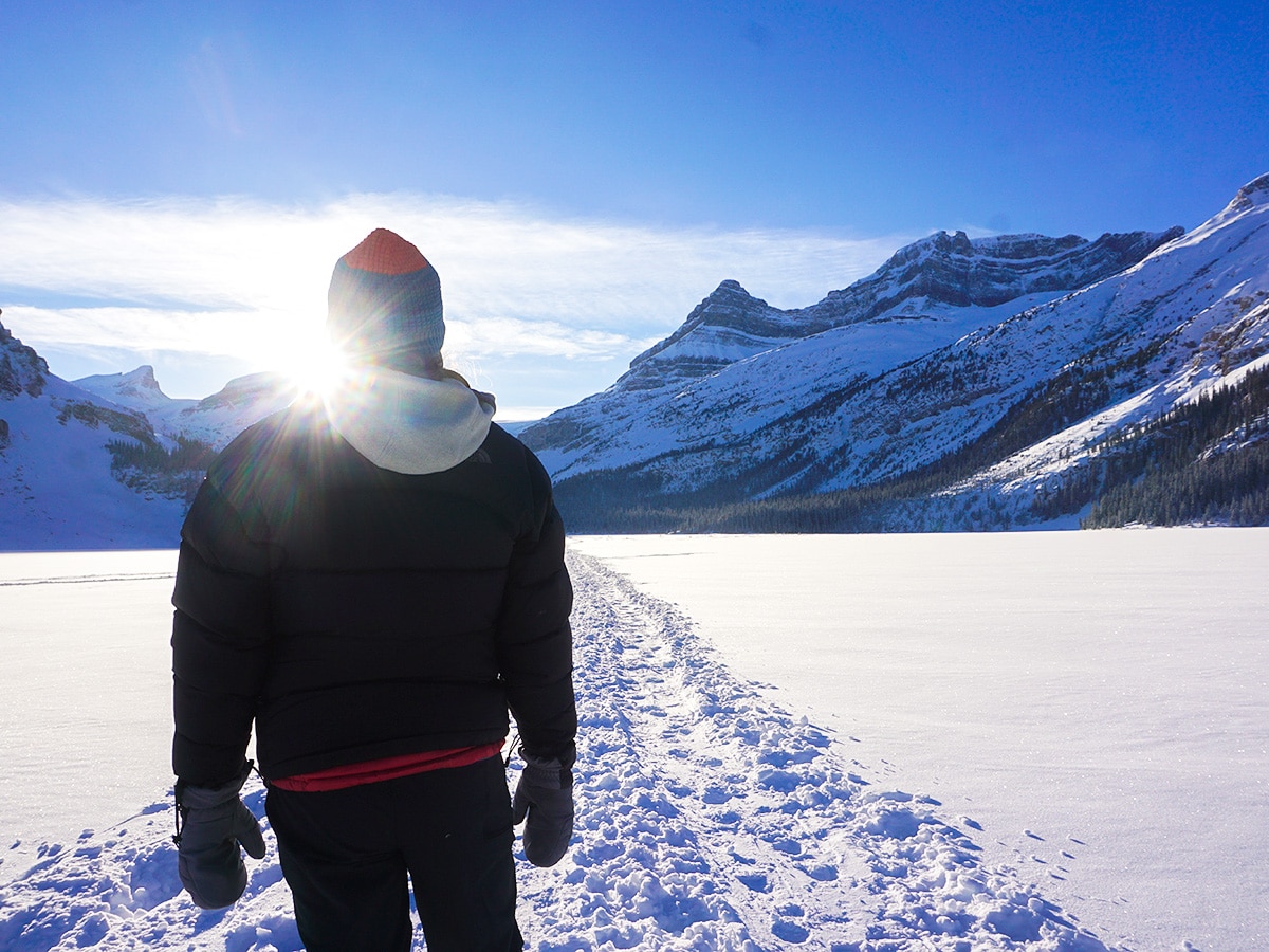 Winter views on Bow Lake snowshoe trail in Banff National Park