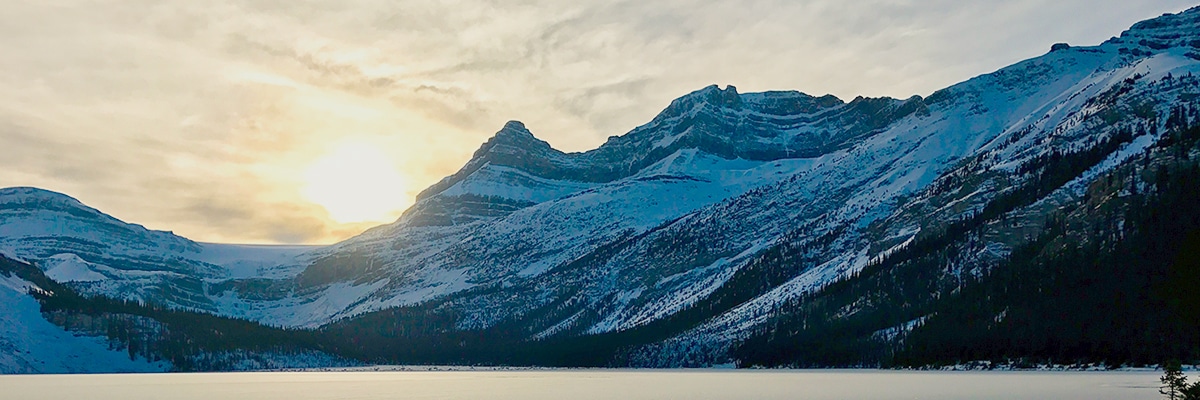 Snowy peaks around Bow Lake snowshoe trail in Banff National Park