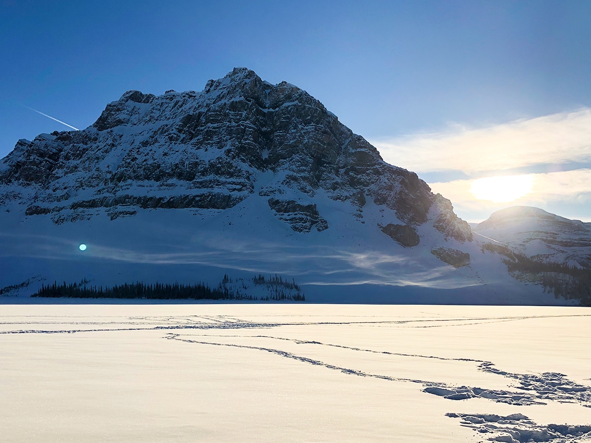 Crowfoot Mountain on Bow Lake snowshoe trail in Banff National Park