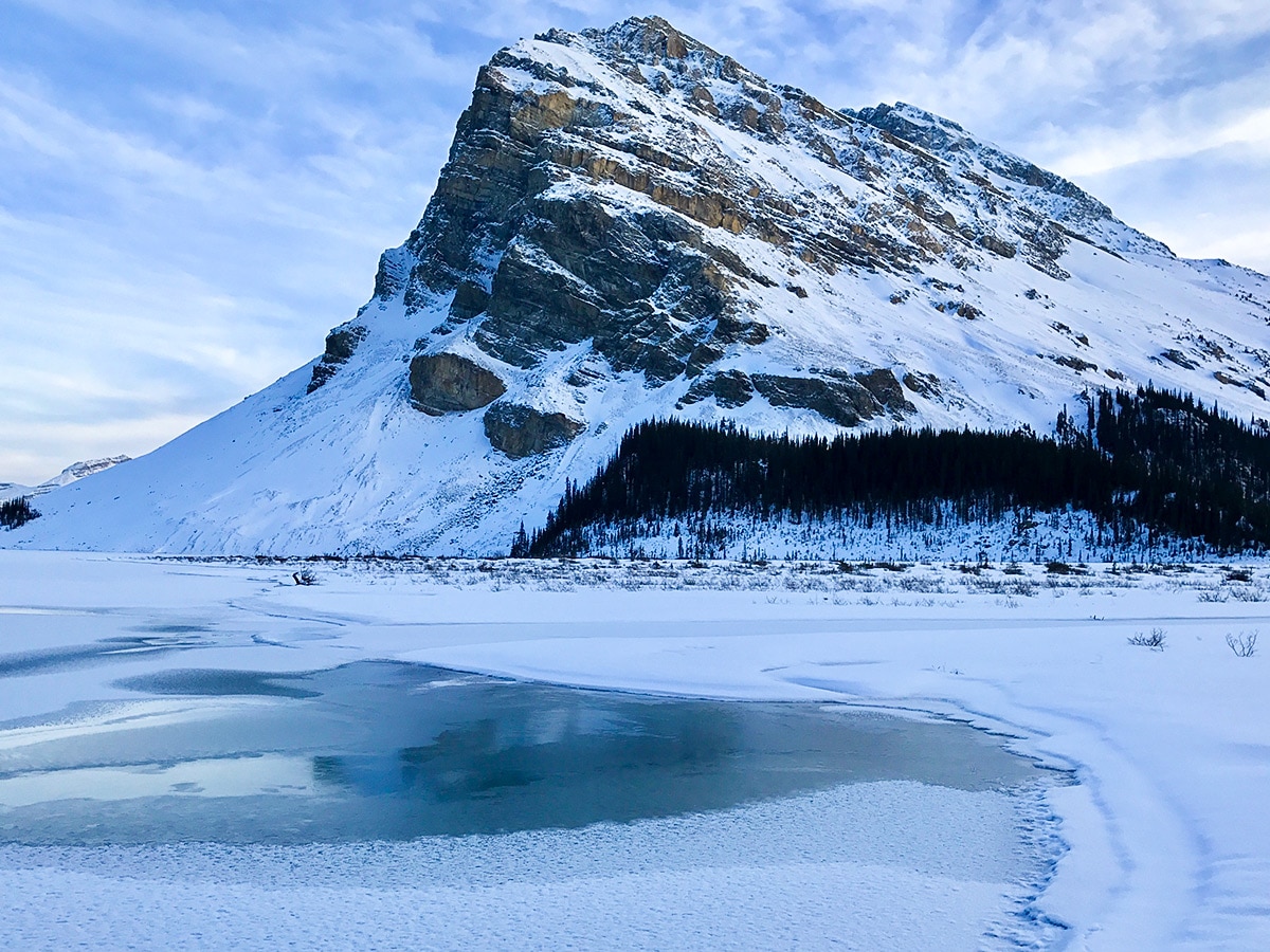 Peak on Bow Lake snowshoe trail in Banff National Park