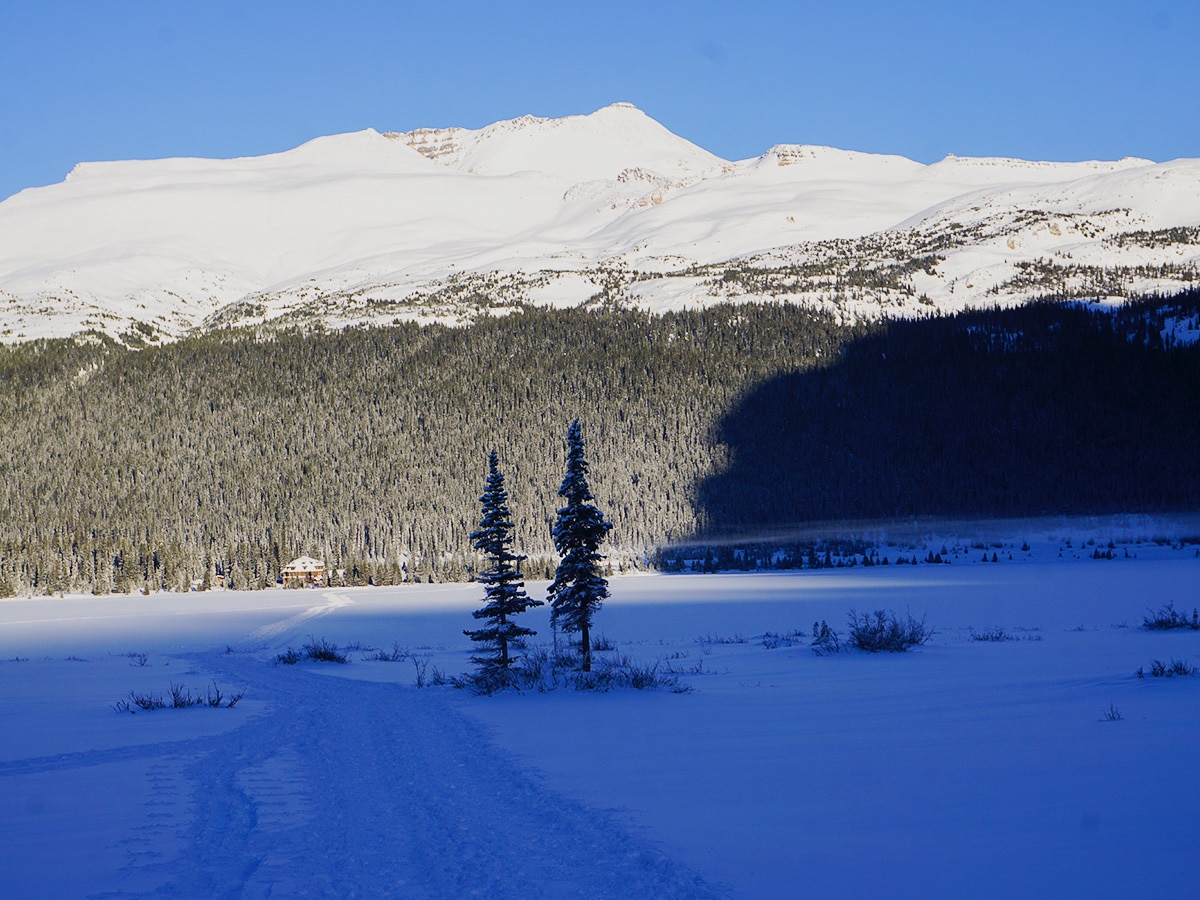 Bow Lake and Num-Ti-Jah Lodge on Bow Lake snowshoe trail in Banff National Park