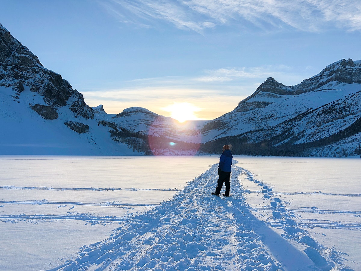 Sunset on Bow Lake snowshoe trail in Banff National Park