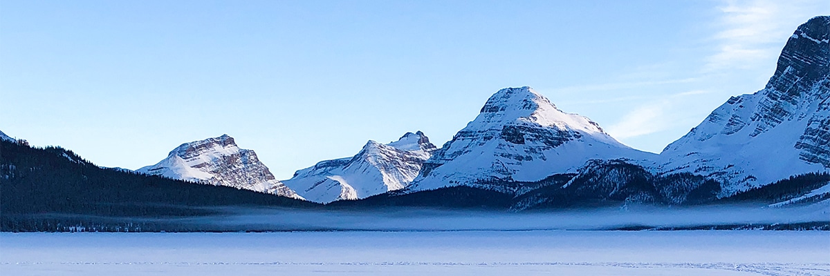 Winter views around Bow Lake snowshoe trail in Banff National Park