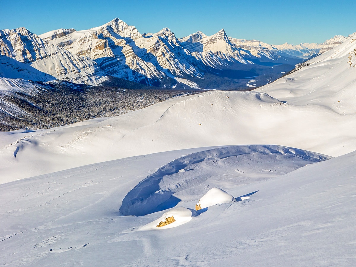 Snowy peaks on Crystal Ridge snowshoe trail Banff National Park