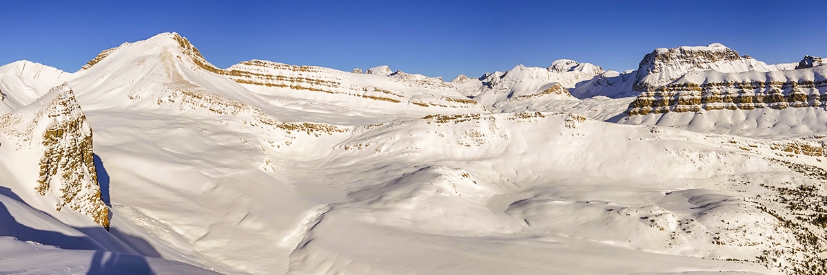 View east to the meadows of Helen Lake and Dolomite Peak on Crystal Ridge snowshoe trail Banff National Park