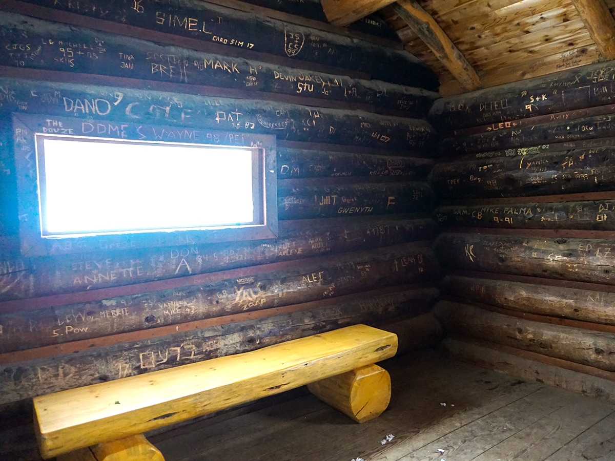 View inside the hut on the Deception Pass snowshoe trail Banff National Park