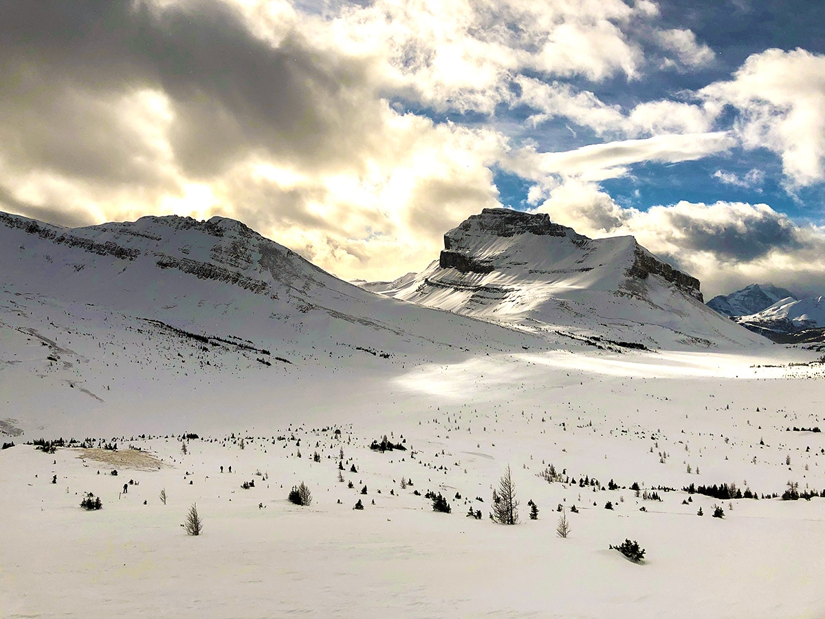 Views of Boulder Pass and Ptarmigan Lake from Deception Pass snowshoe trail Banff National Park