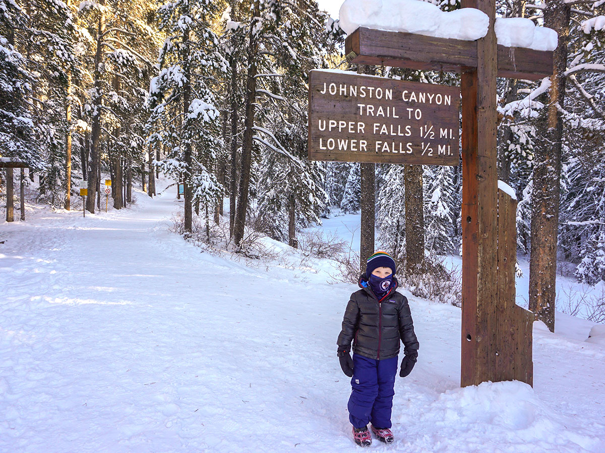 Kids friendly Johnston Canyon snowshoe trail in Banff National Park