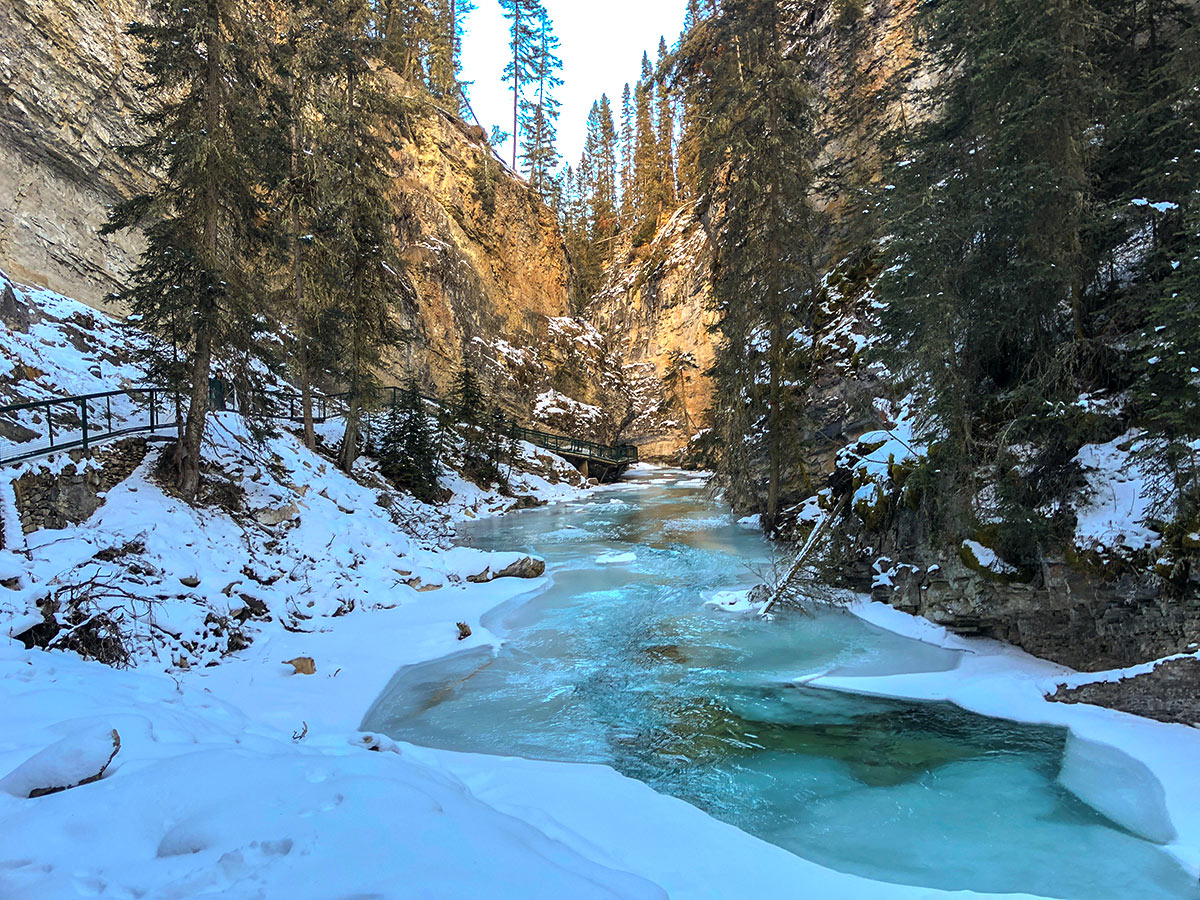 Beginning of Johnston Canyon snowshoe trail in Banff National Park