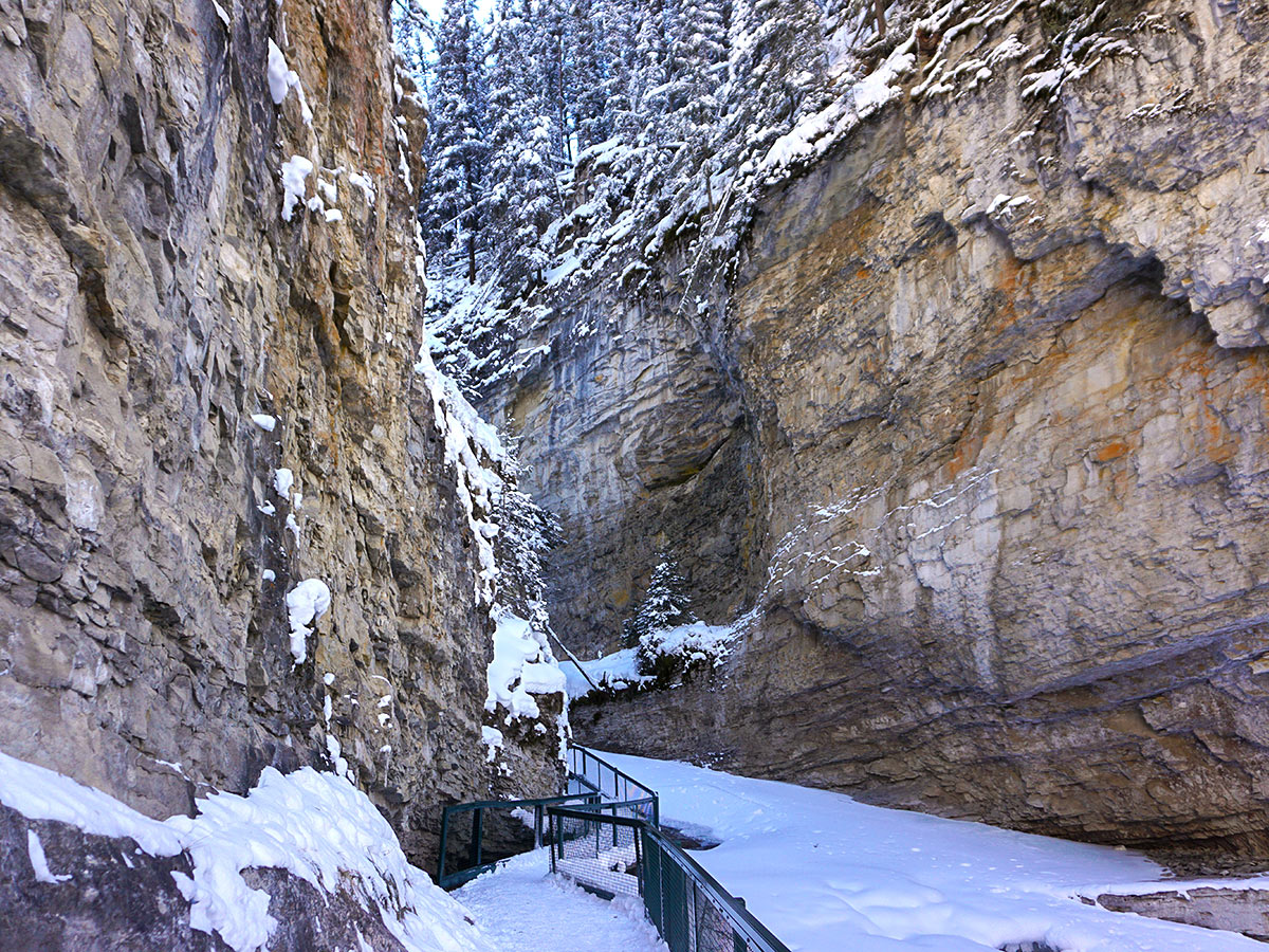 Metal Trail covered in ice on Johnston Canyon snowshoe trail in Banff National Park