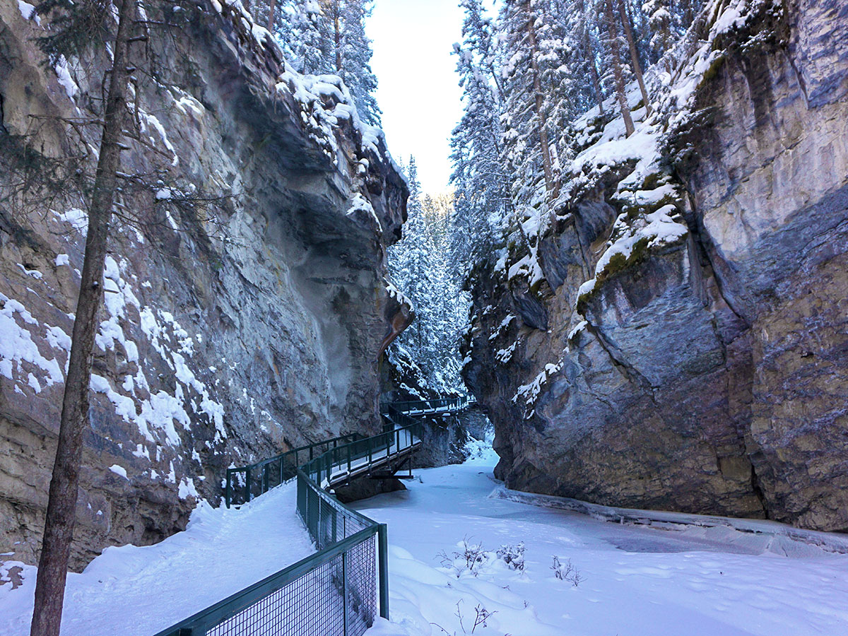 Winter walking on Johnston Canyon snowshoe trail in Banff National Park