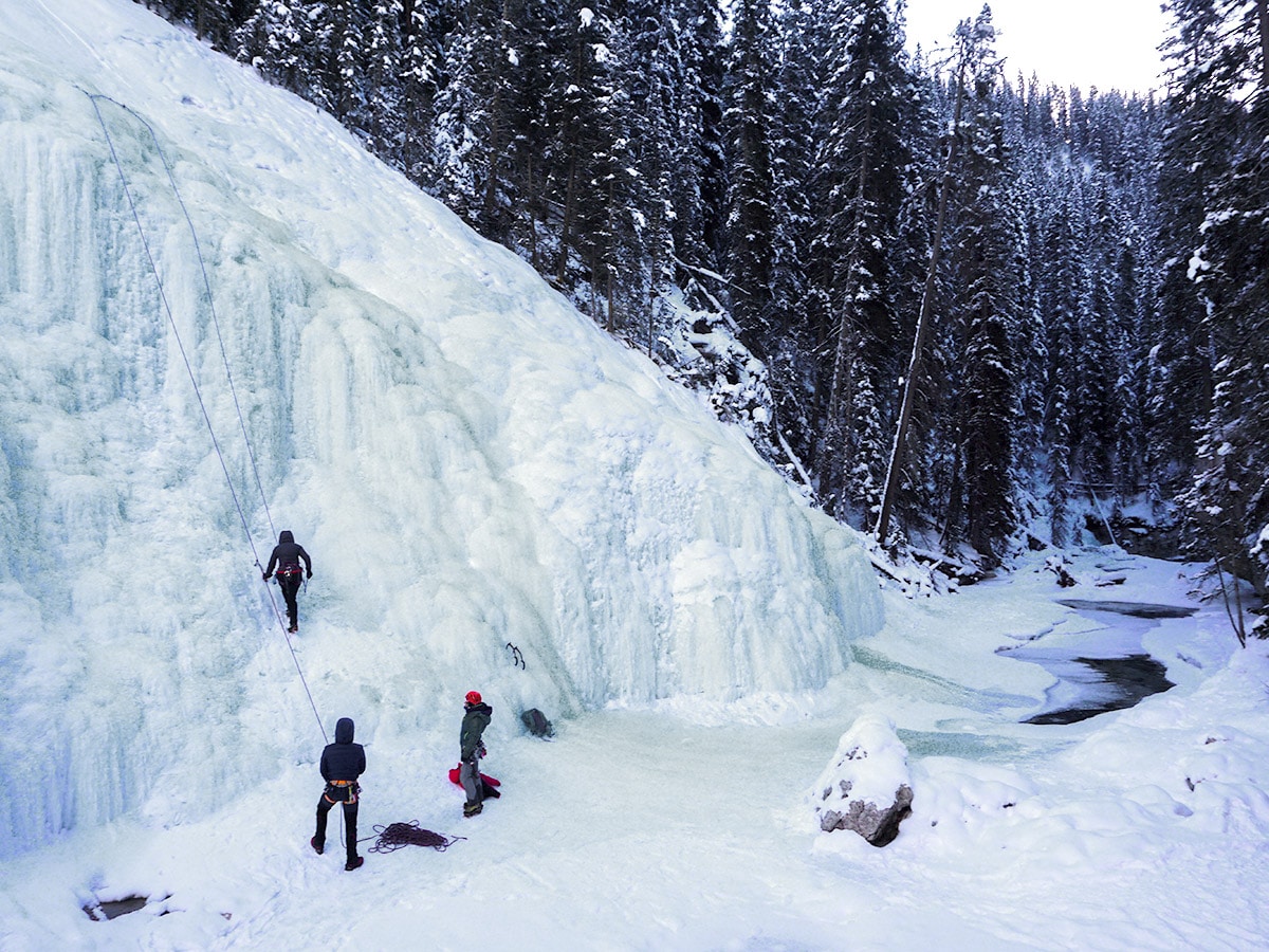 Ice Climbers on Johnston Canyon snowshoe trail in Banff National Park