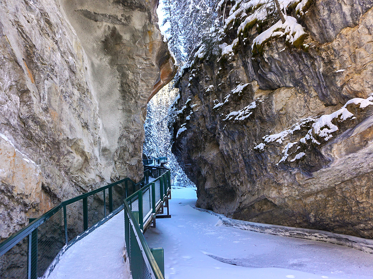 A tight spot on Johnston Canyon snowshoe trail in Banff National Park