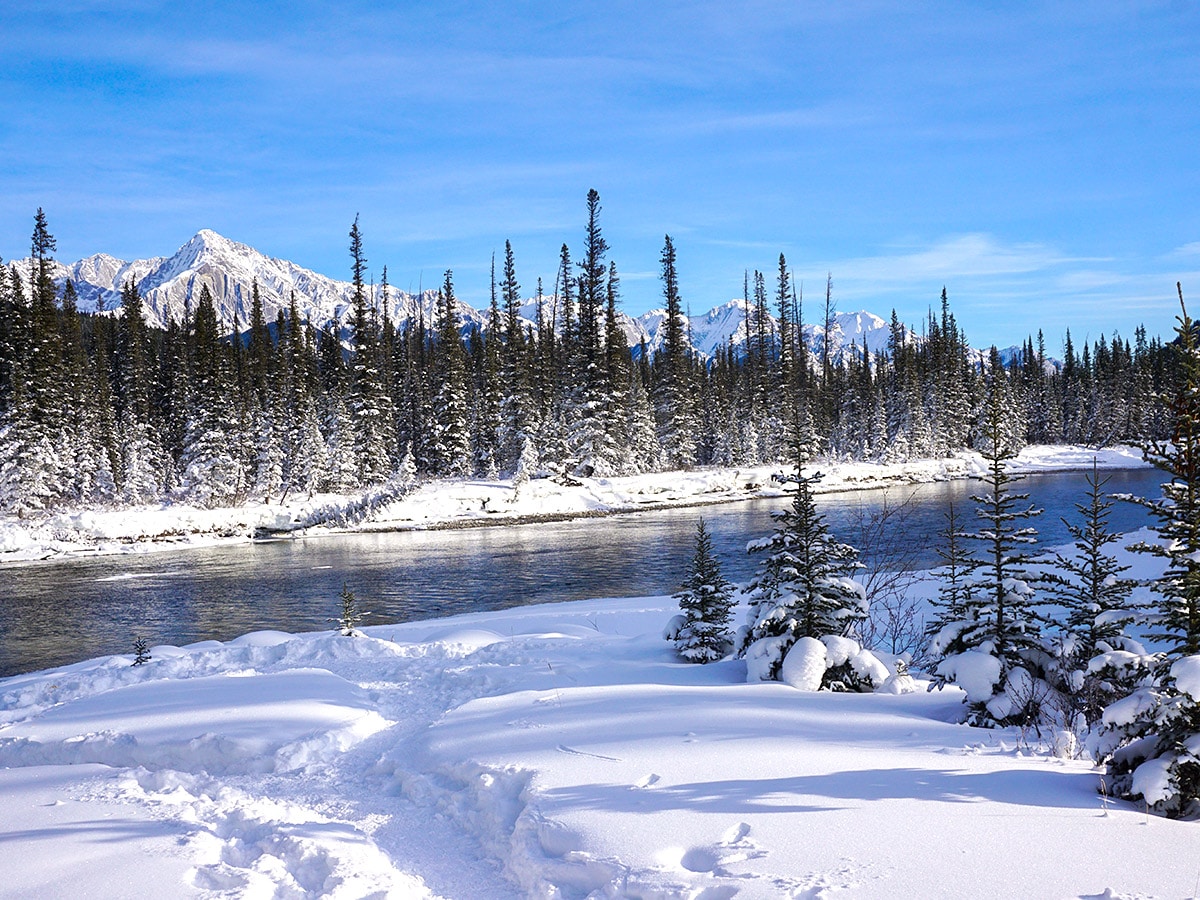 Castle Junction on a way to Johnston Canyon snowshoe trail in Banff National Park