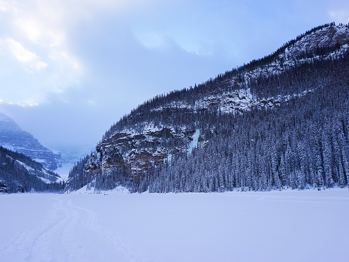 Lots of snow on Lake Louise snowshoe trail in Banff National Park