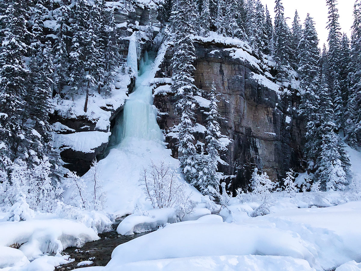 A small frozen waterfall near Lake Louise snowshoe trail in Banff National Park