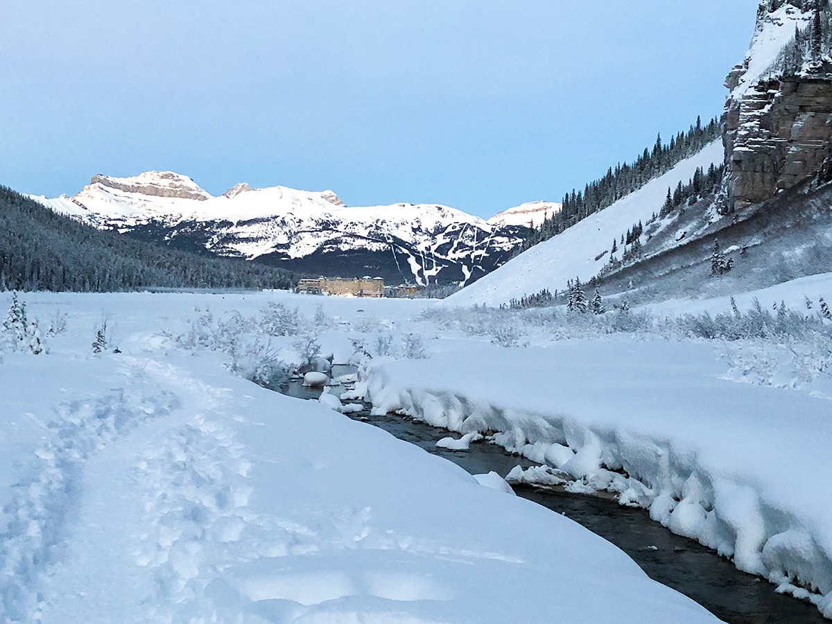 Chateau Lake Louise as seen from Lake Louise snowshoe trail in Banff National Park