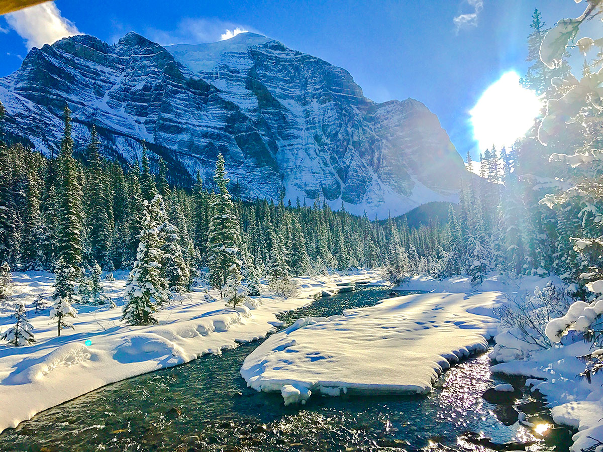 Mount Temple on Paradise Valley snowshoe trail near Lake Louise in Banff National Park