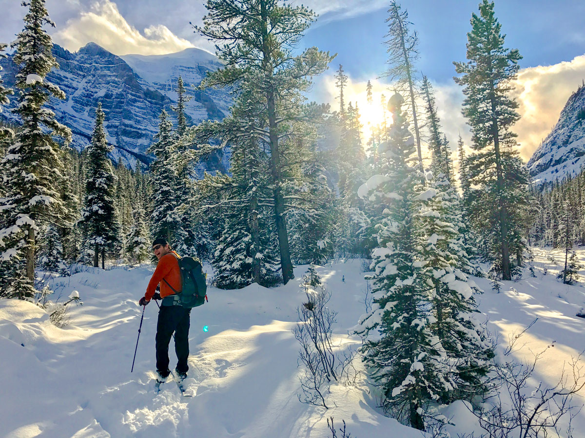 Going upon Paradise Valley snowshoe trail near Lake Louise in Banff National Park