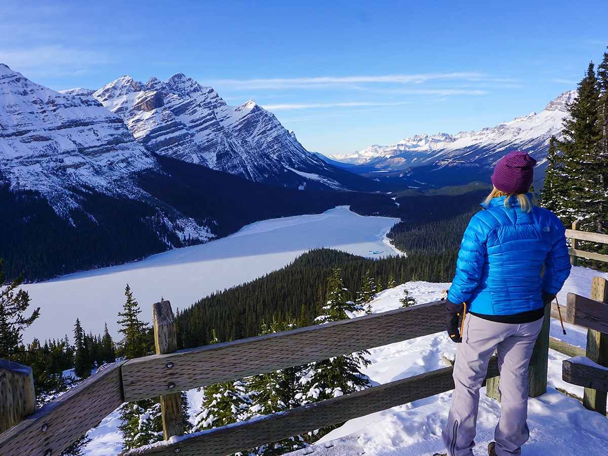 The first viewpoint on Peyto Lake Viewpoint snowshoe trail in Banff National Park