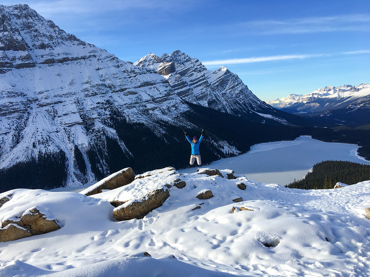 View from the second viewpoint on Peyto Lake Viewpoint snowshoe trail in Banff National Park