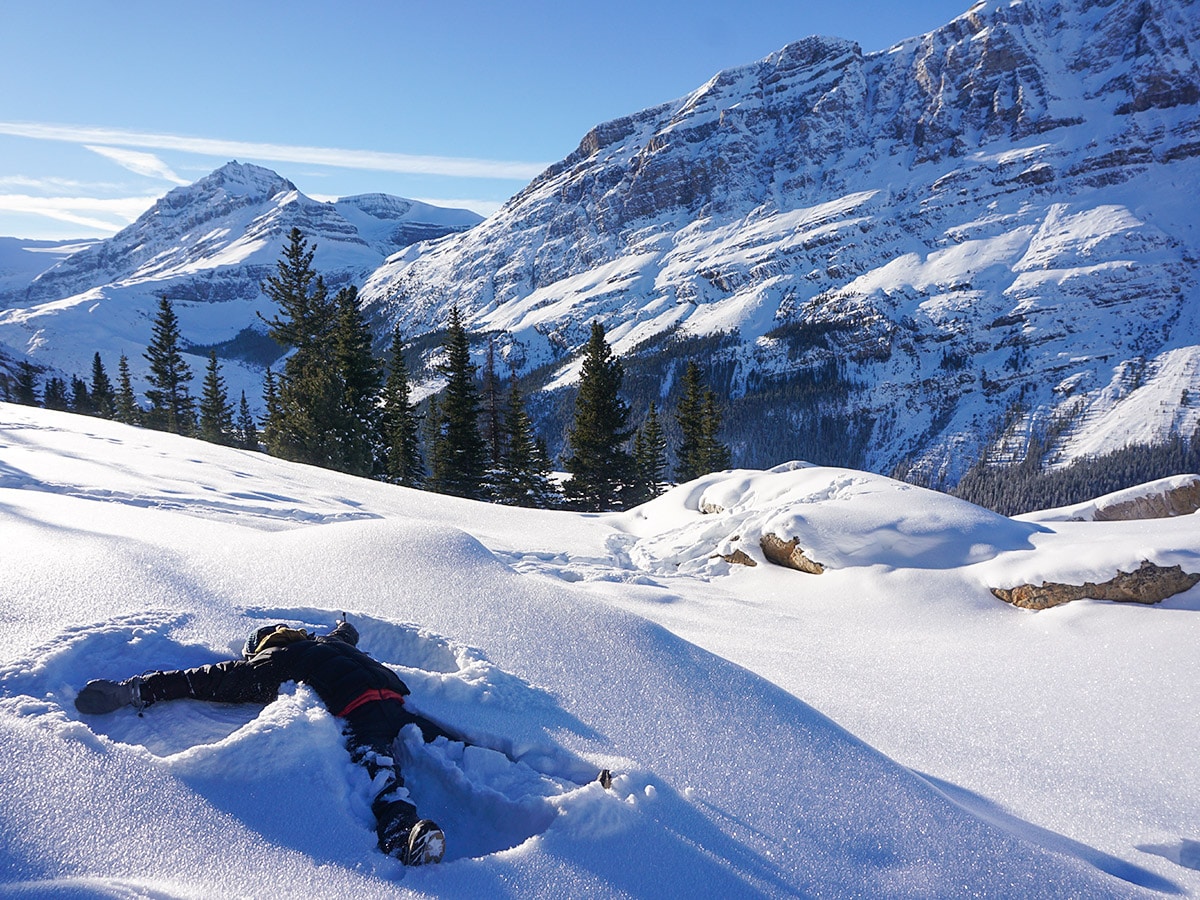 Making snow angels on Peyto Lake Viewpoint snowshoe trail in Banff National Park