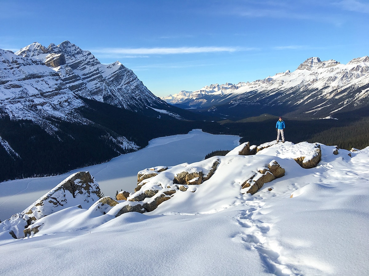 the Canadian Rockies on Peyto Lake Viewpoint snowshoe trail in Banff National Park