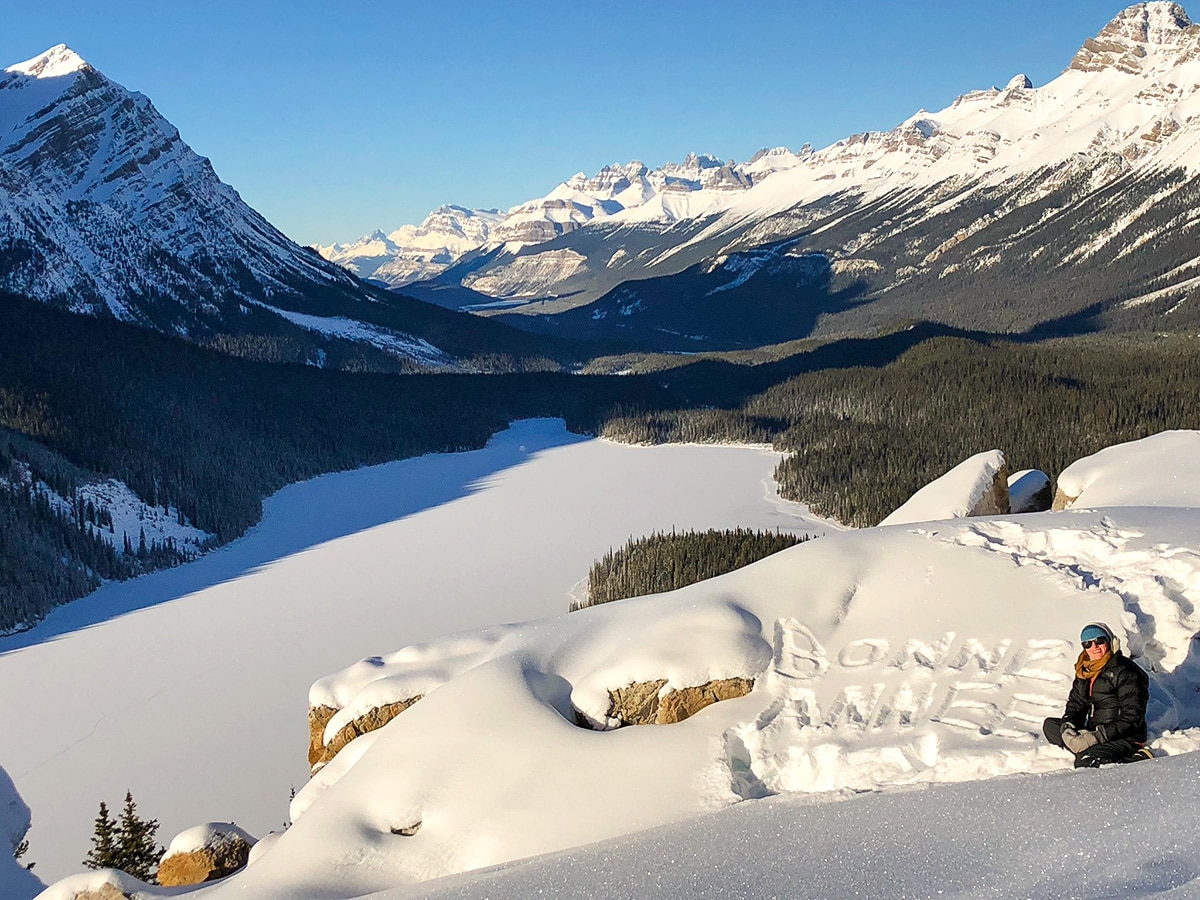 Bonne Annee on Peyto Lake Viewpoint snowshoe trail in Banff National Park