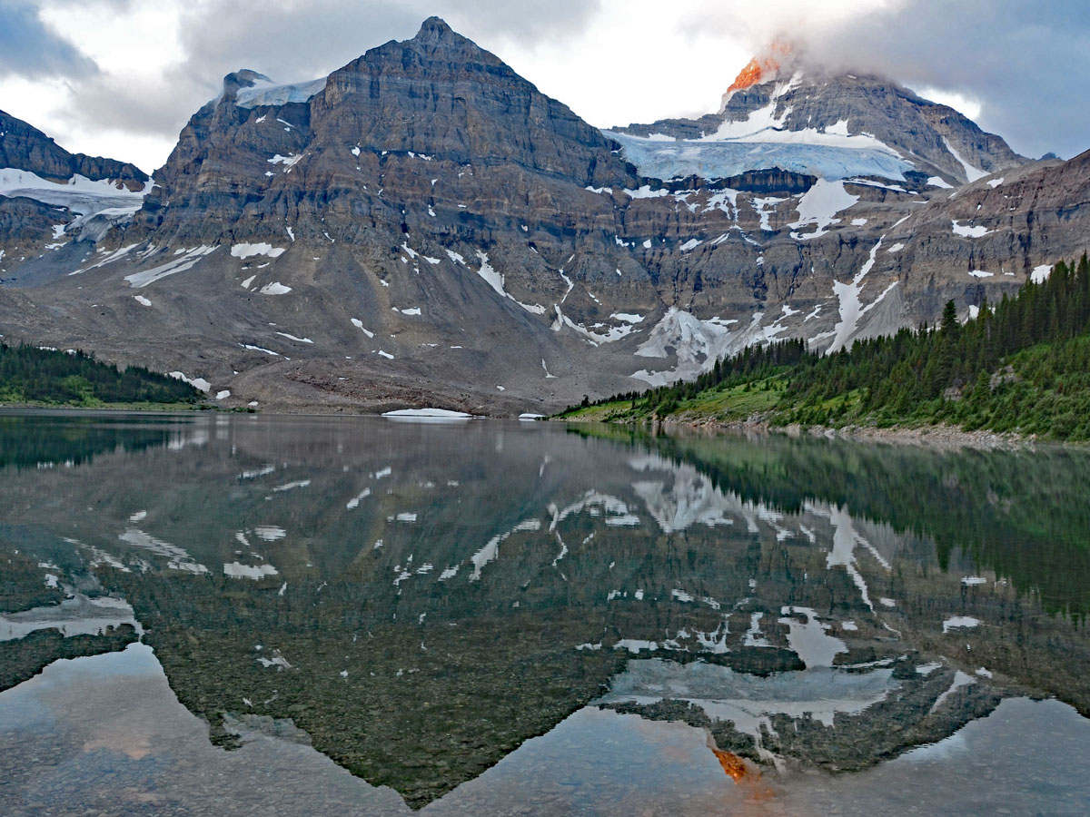 Assiniboine in clouds on Sunshine Village to Mt. Assiniboine backpacking trail in Banff National Park