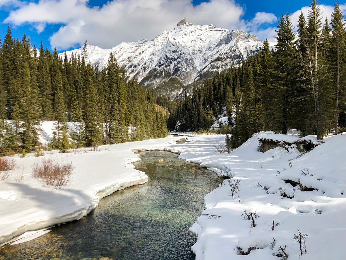 Beautiful view on Goat Creek to Banff Springs XC ski trail in Banff National Park