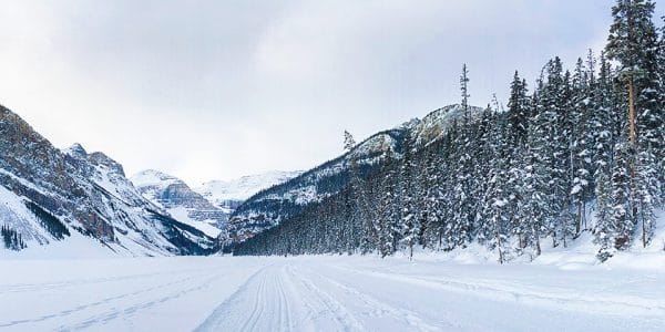 Panorama of Lake Louise Lakeshore XC ski trail in Banff National Park, Alberta